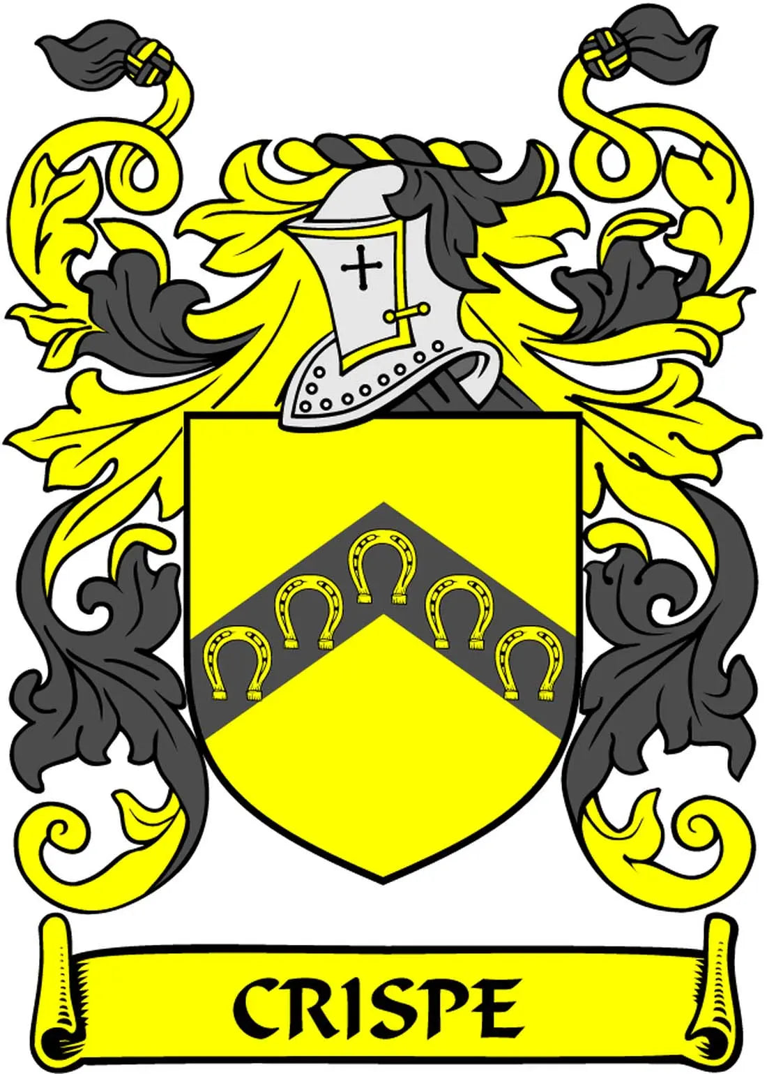 Crispe family crest coat of arms magnet, black and yellow shield with cross and arches