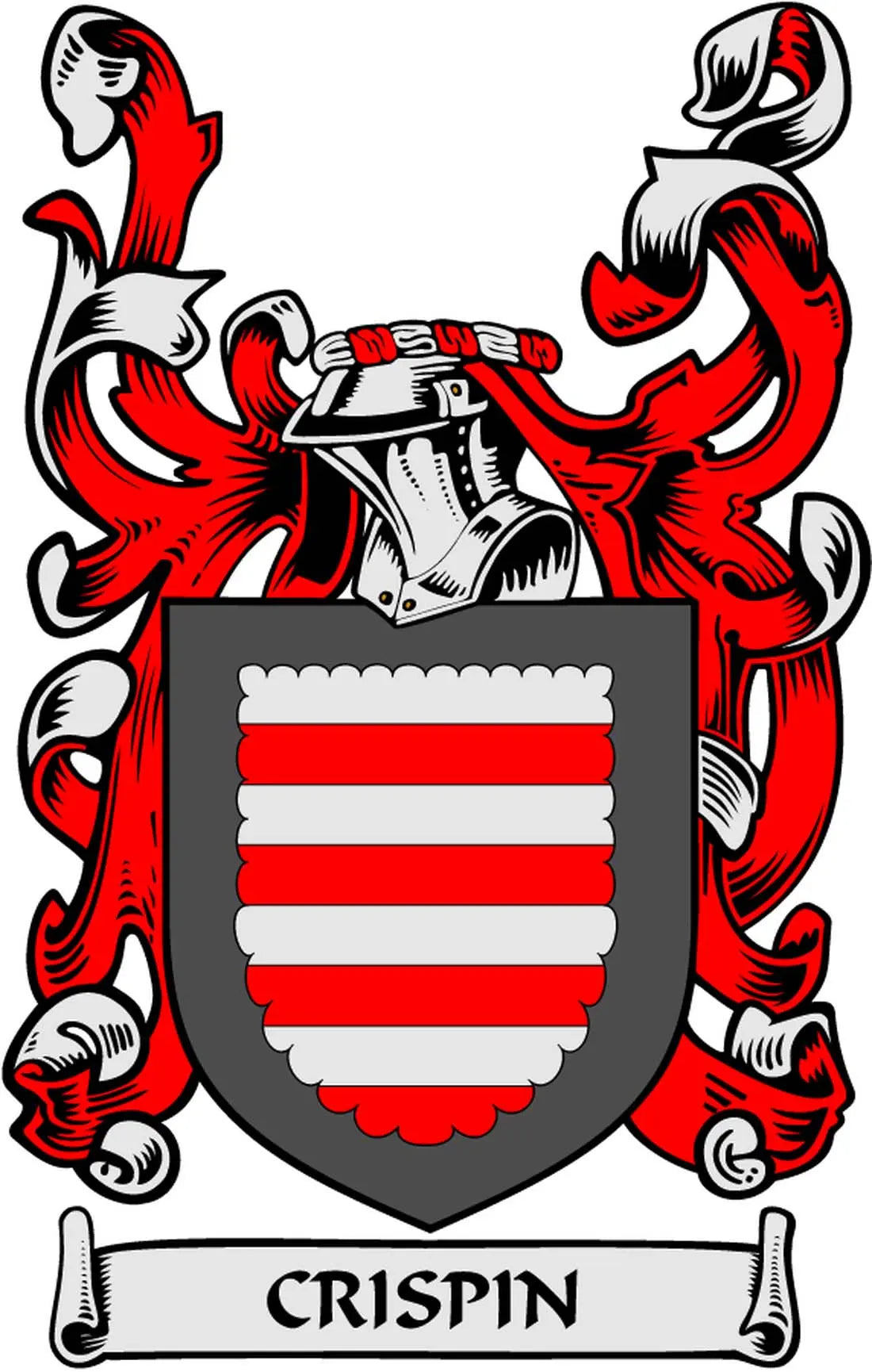 3-inch family crest coat arms magnet with shield, red and black scrolls, CRISPIN ribbon