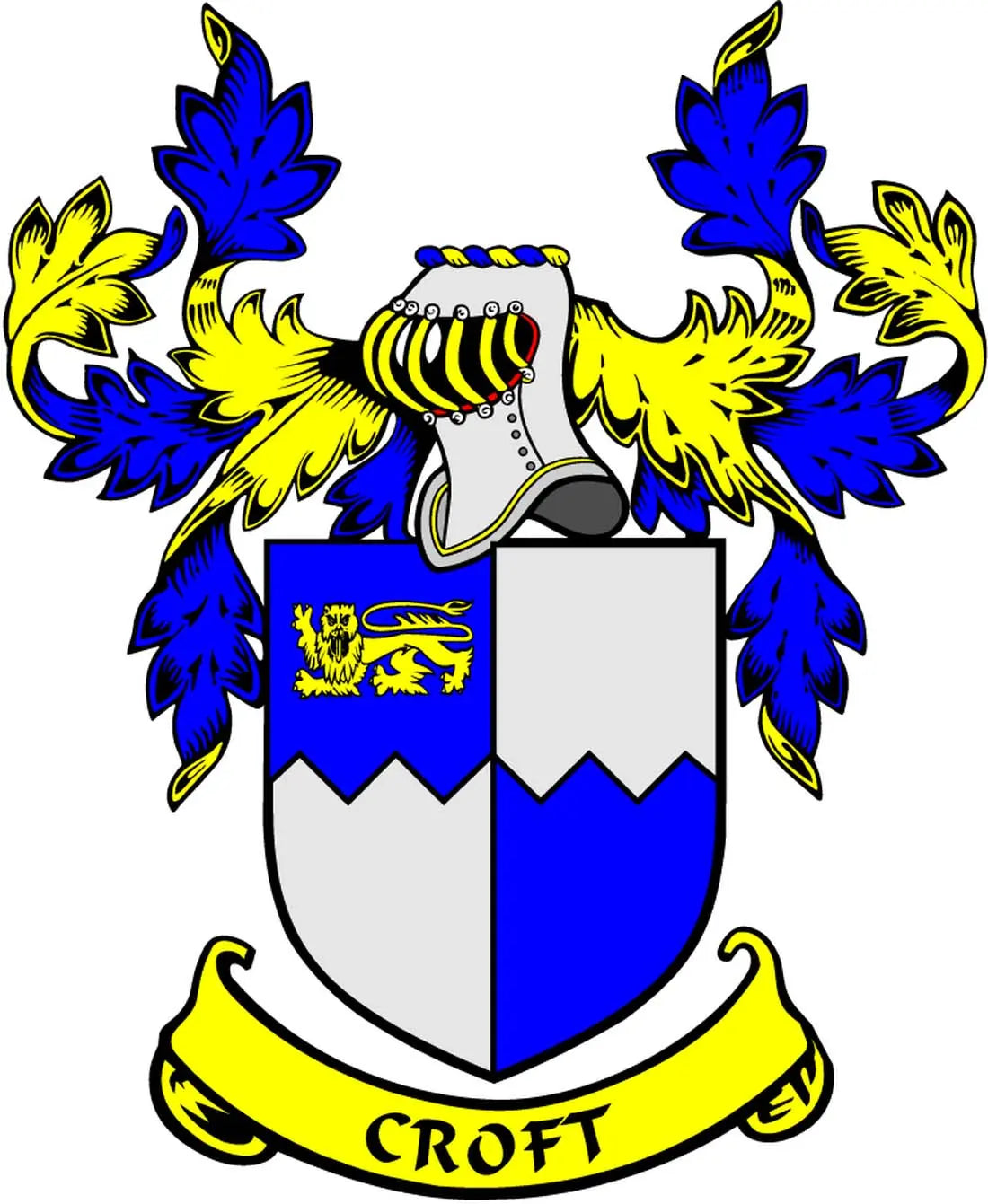 Coat of arms pinback badge with blue, yellow, and white shield and CROFT banner
