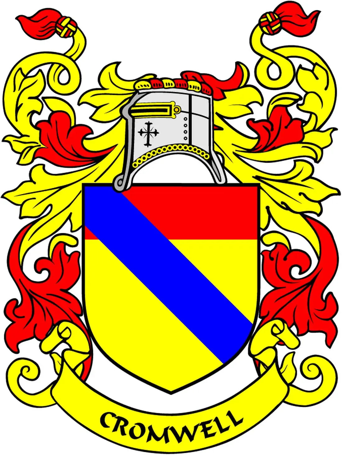 Cromwell family crest arms magnet with shield and red, yellow, and blue diagonal bands
