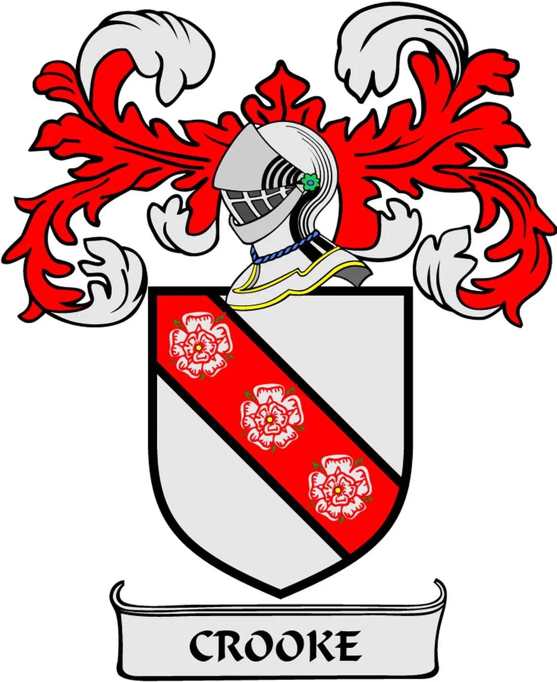 Family crest coat arms magnet with CROOKE banner, red shield, white lions and flames