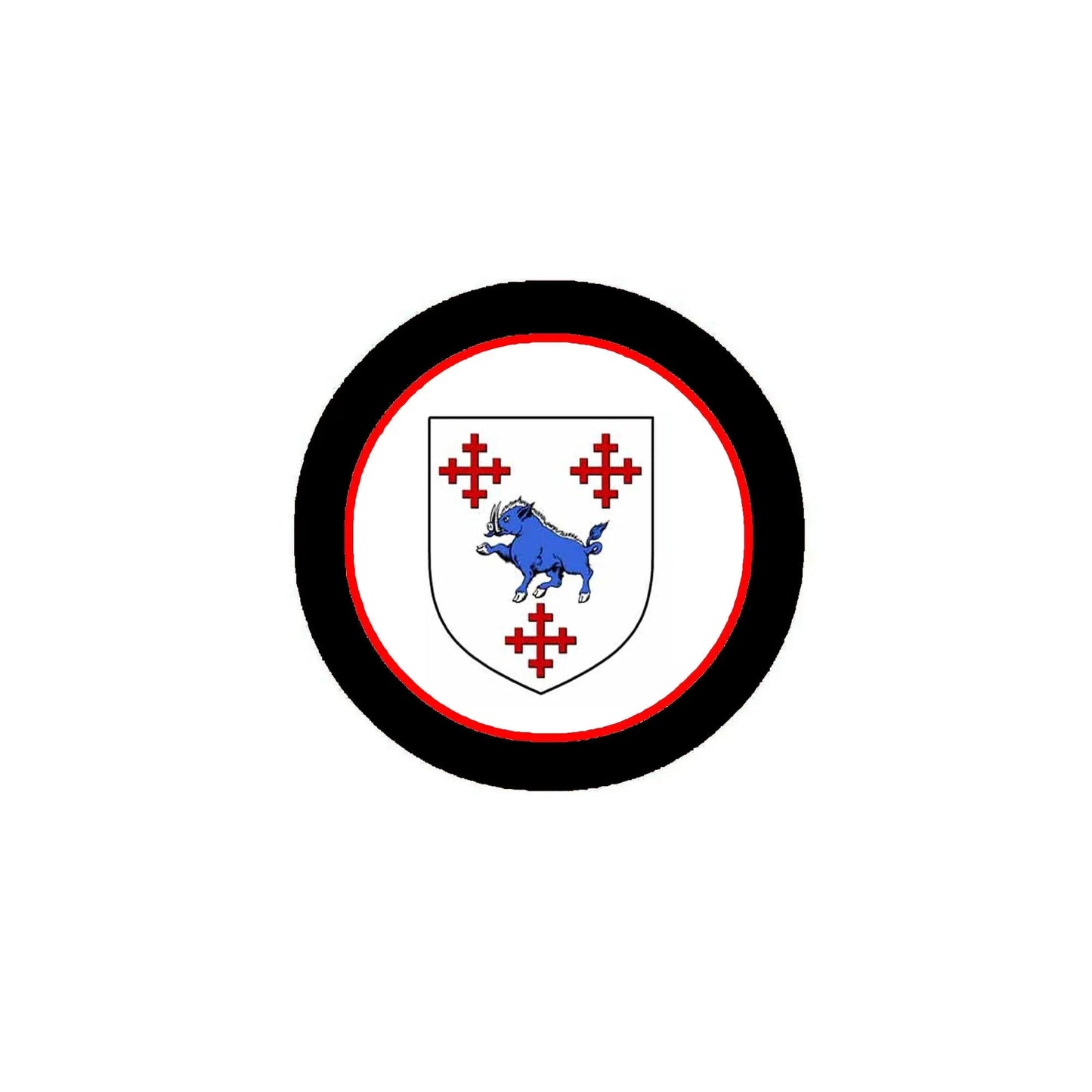 Round crest arms magnet with black ring, red border, white shield and blue lion