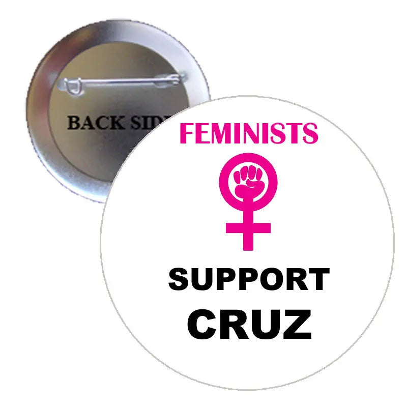 Round pinback button with pink female symbol and text "Feminists Support Cruz"