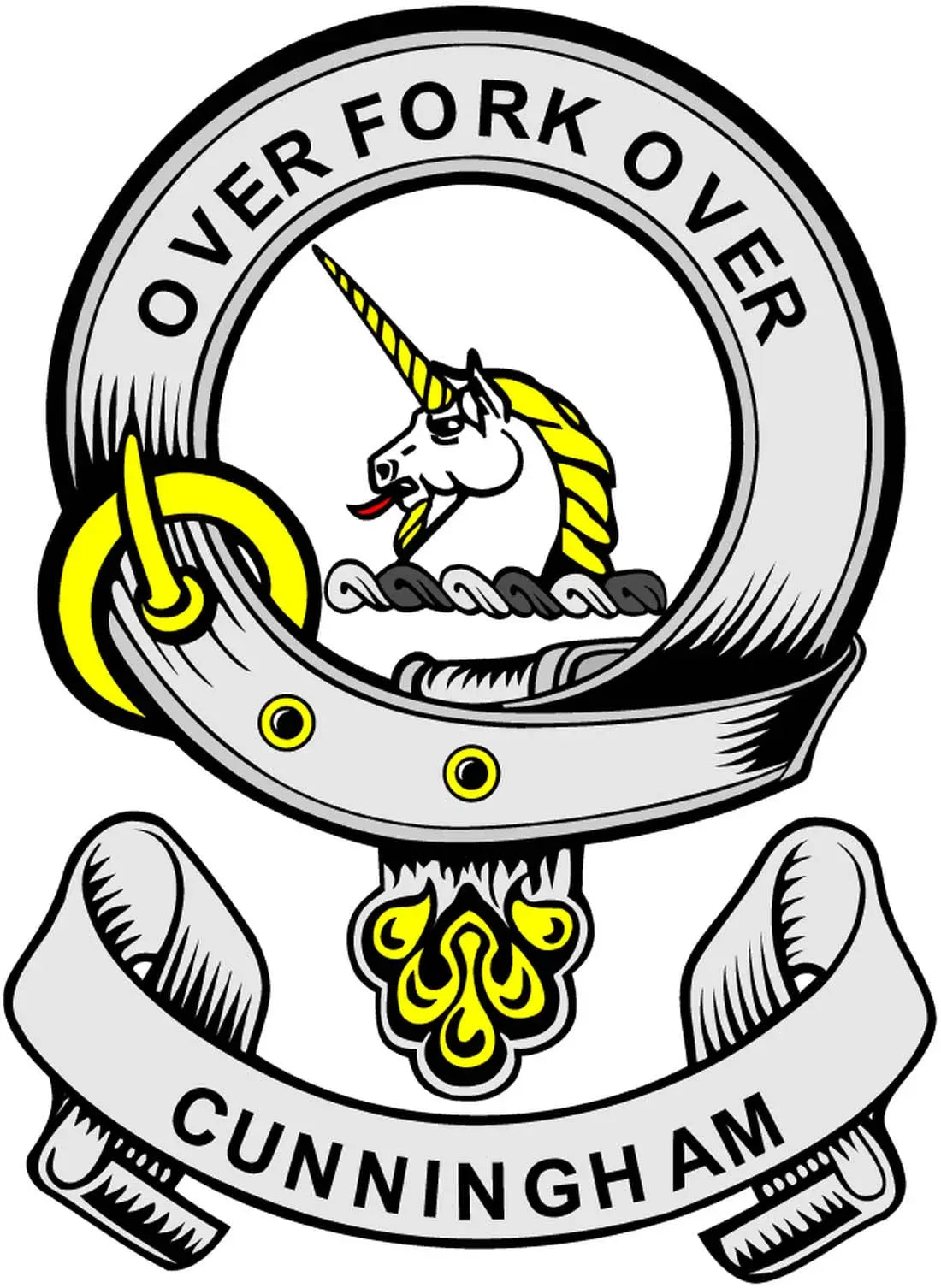 Circular coat-of-arms magnet with unicorn and text "CUNNINGHAM"