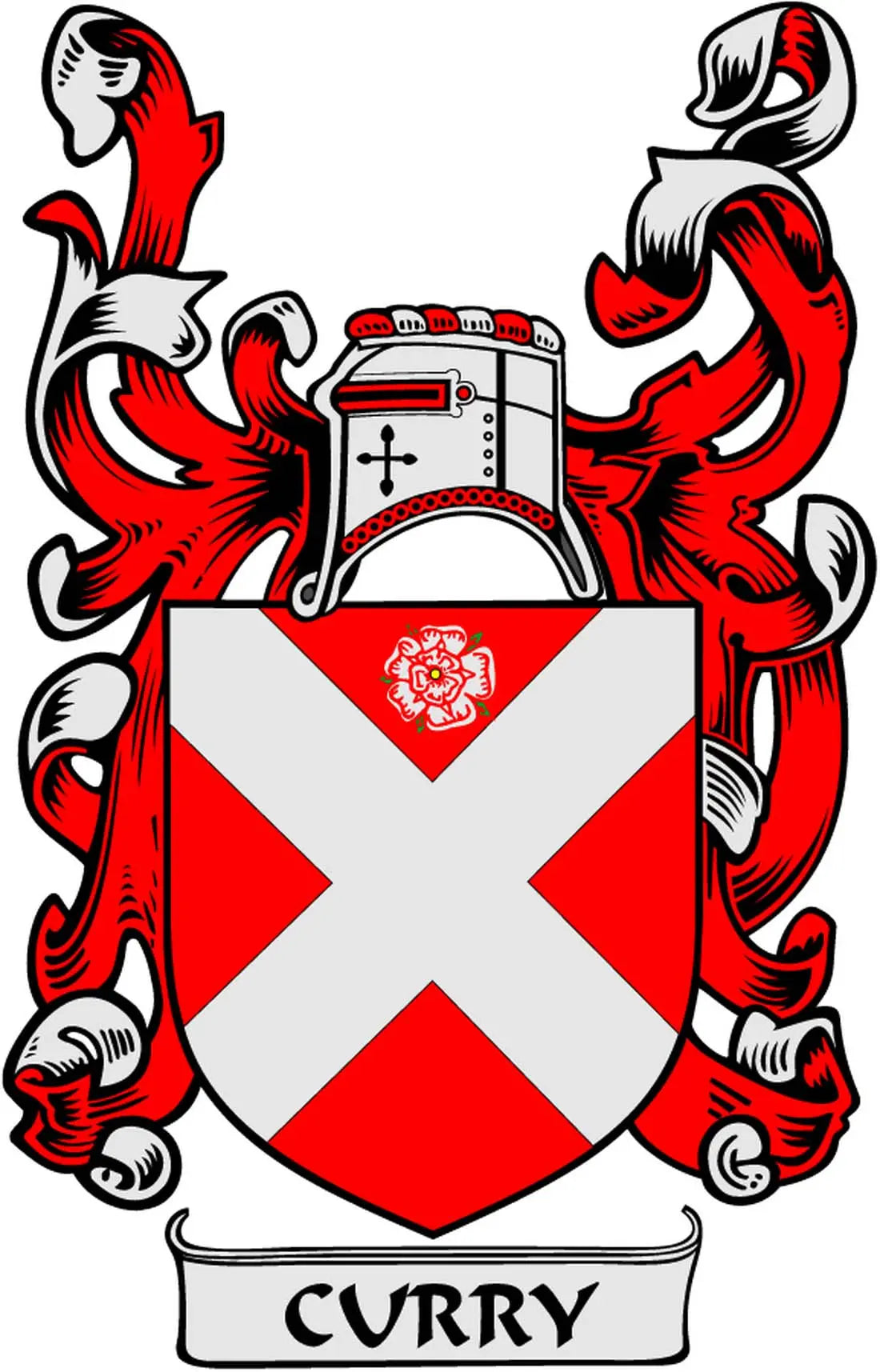 Curry coat of arms pinback with red-and-white shield cross and “CURRY” banner