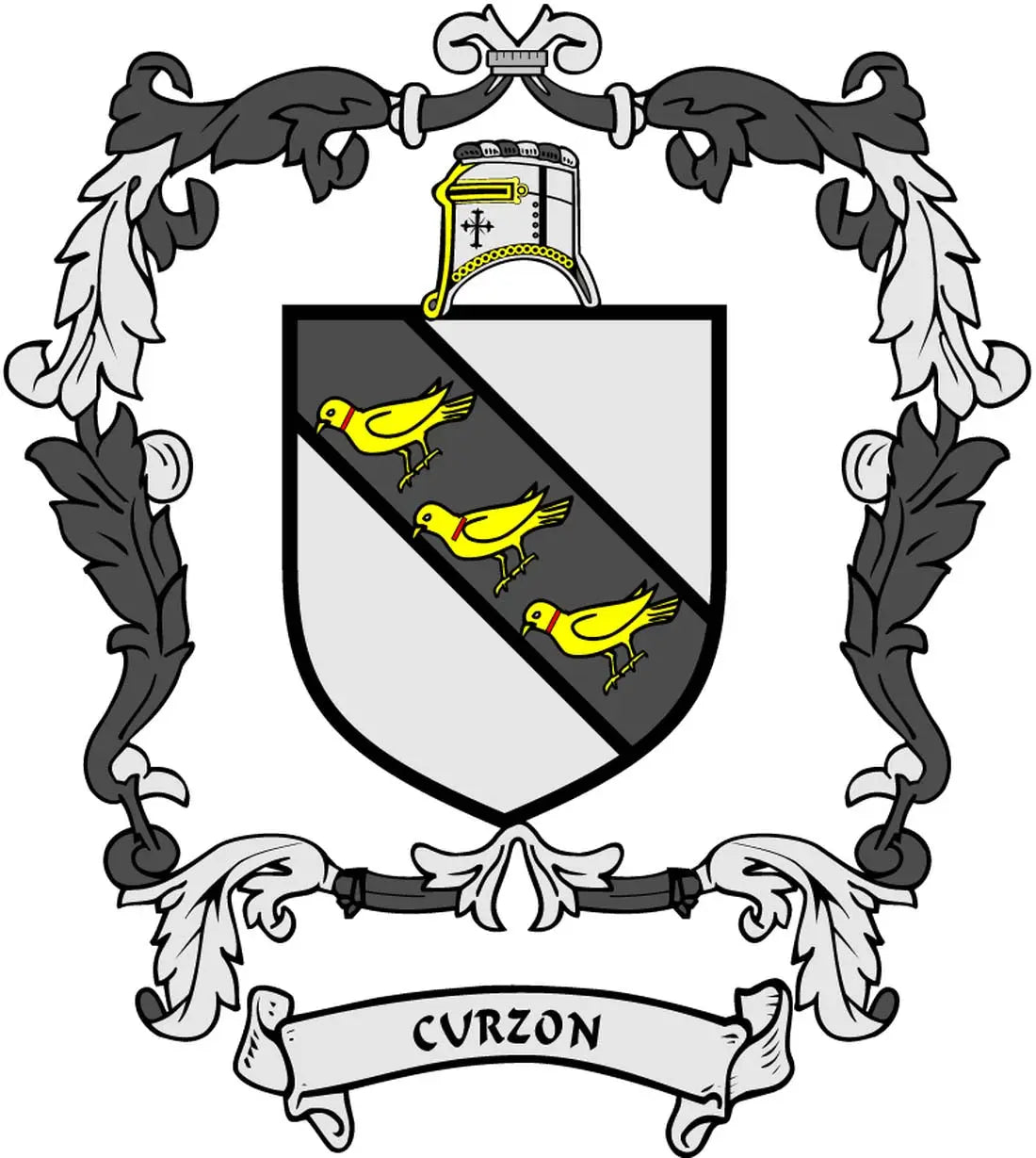 Curzon family crest coat of arms magnet with black, white, and yellow shield badge