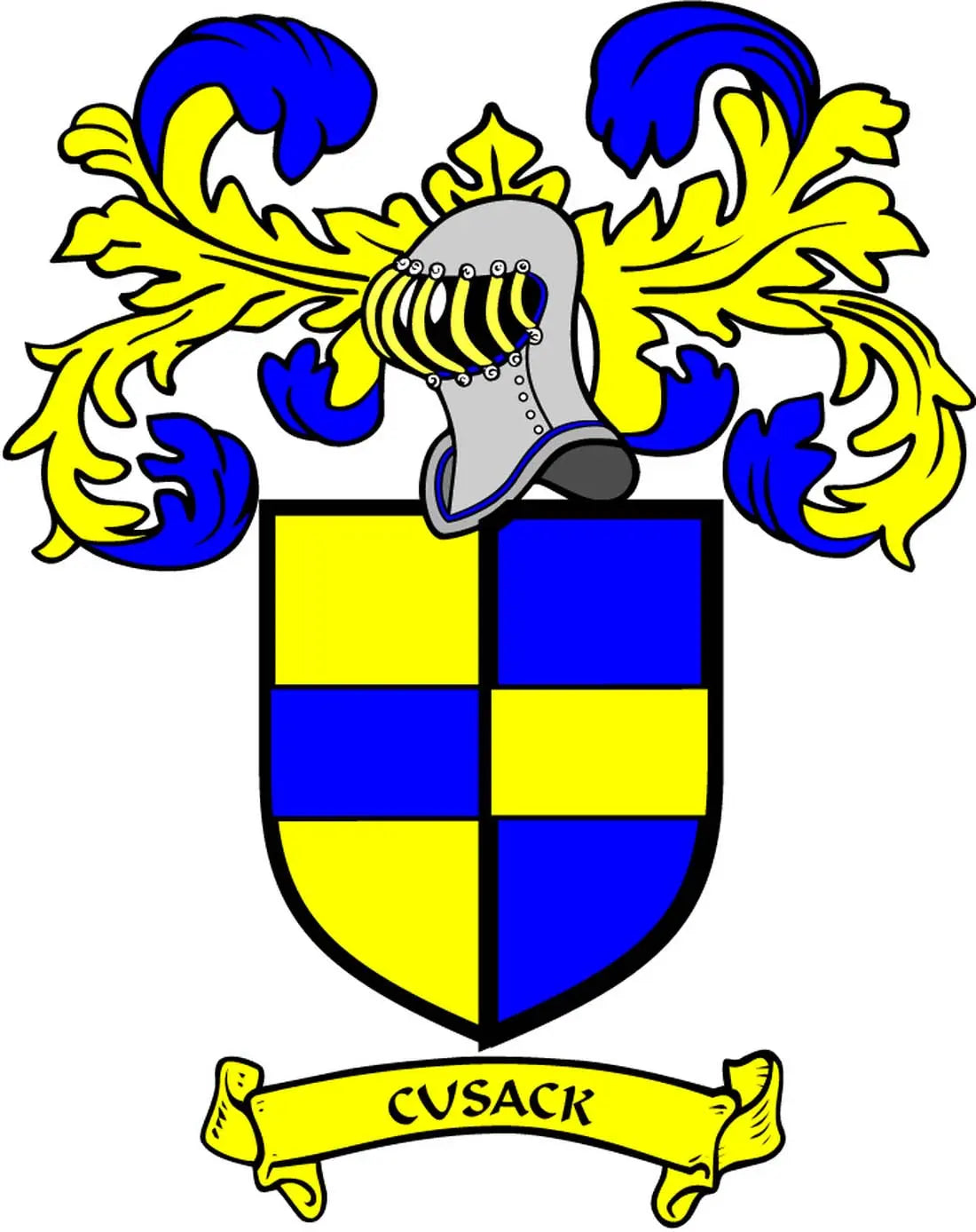 Cusack family crest coat of arms pinback with blue and yellow shield, banner