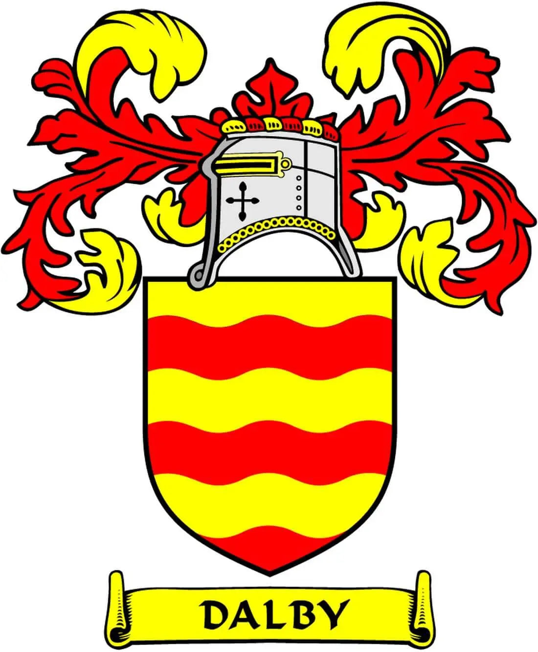 Family crest coat-of-arms magnet with shield, red-yellow flames, and 'DALBY' banner
