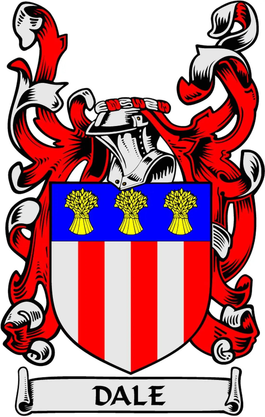 Red and white Dale family crest coat of arms magnet with blue shield and scroll