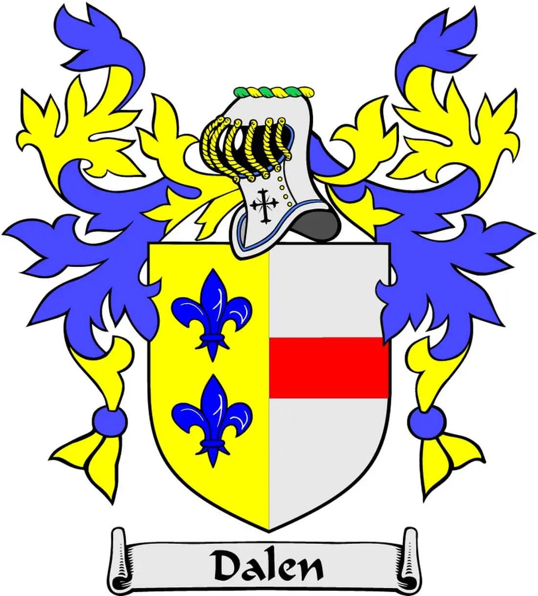 Dalen family crest coat of arms magnet with blue/yellow shield and ribbon banner