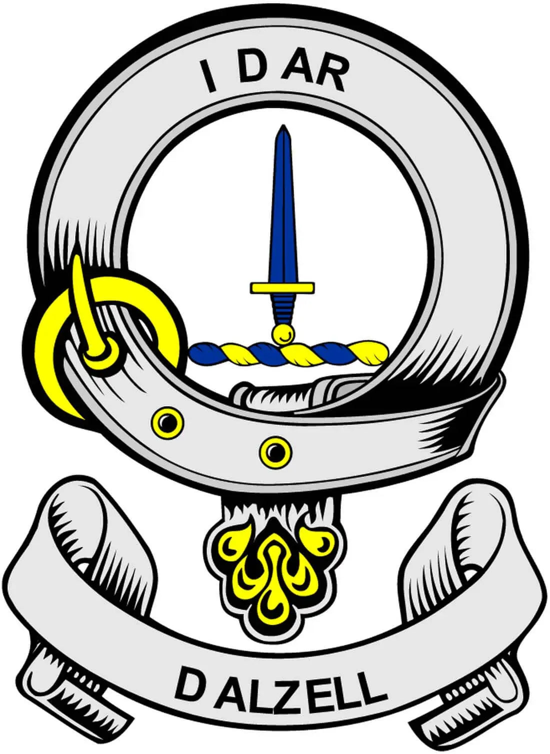 3-inch family crest arms magnet with sword and 'DALZELL' lettering