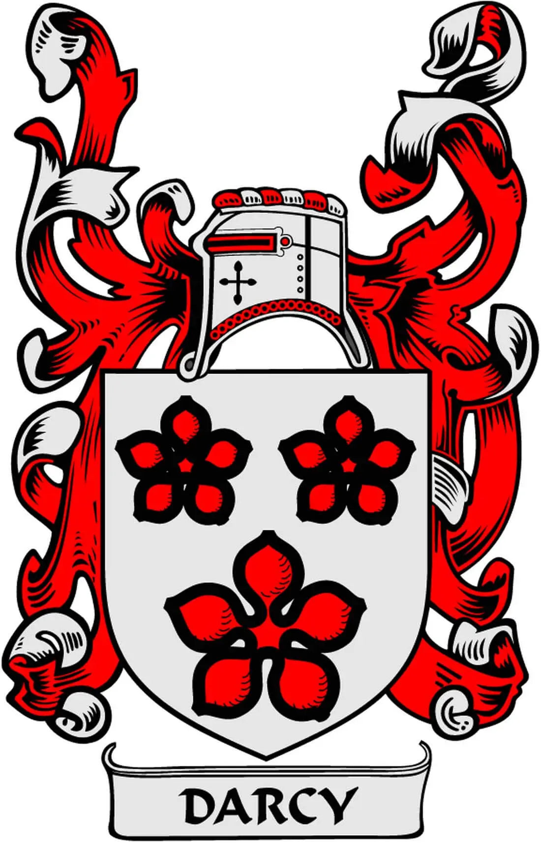 Darcy family crest coat arms magnet, white shield with red and black details, reads "DARCY"