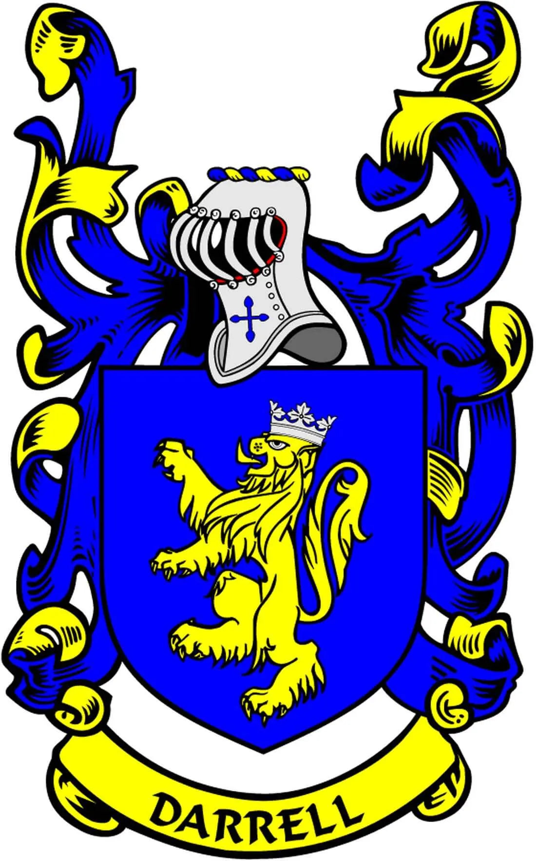 Darrell family crest coat of arms magnet: blue shield, lion, helmet, DARRELL banner