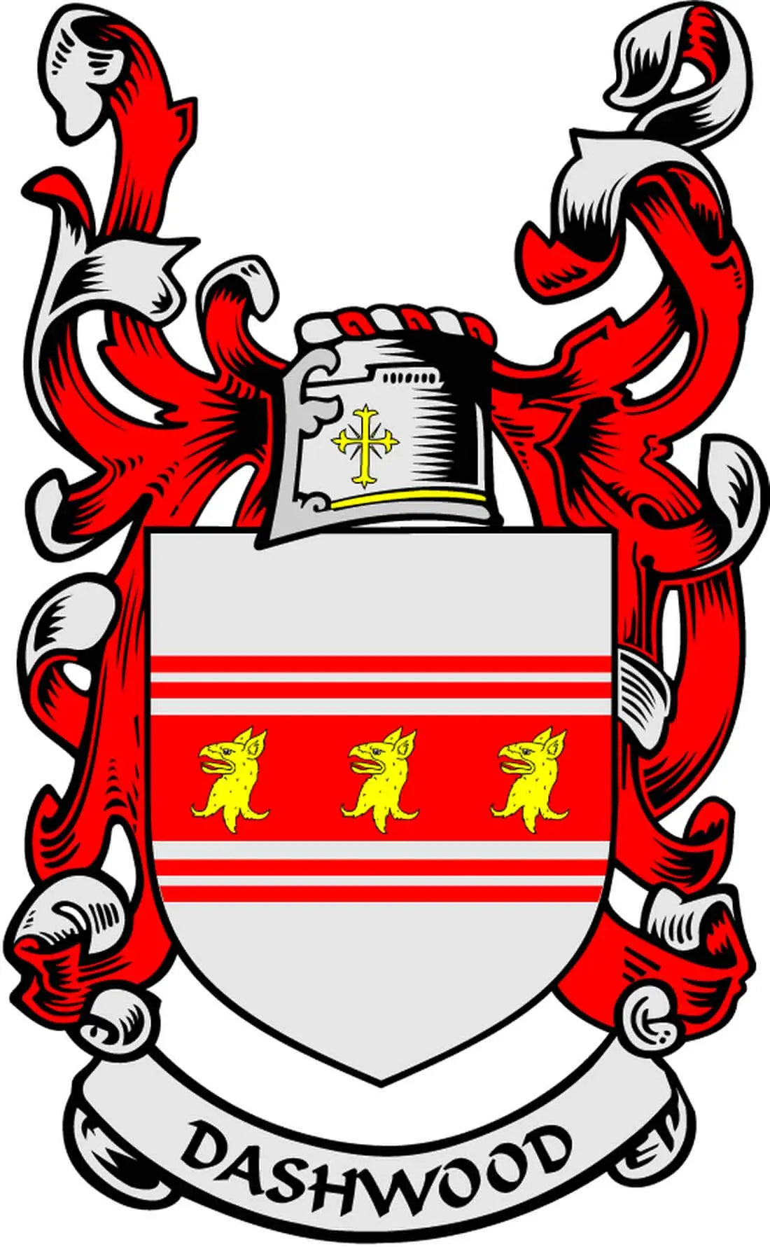 Dashwood family crest coat arms magnet with crowned shield and red lions, striped ribbon