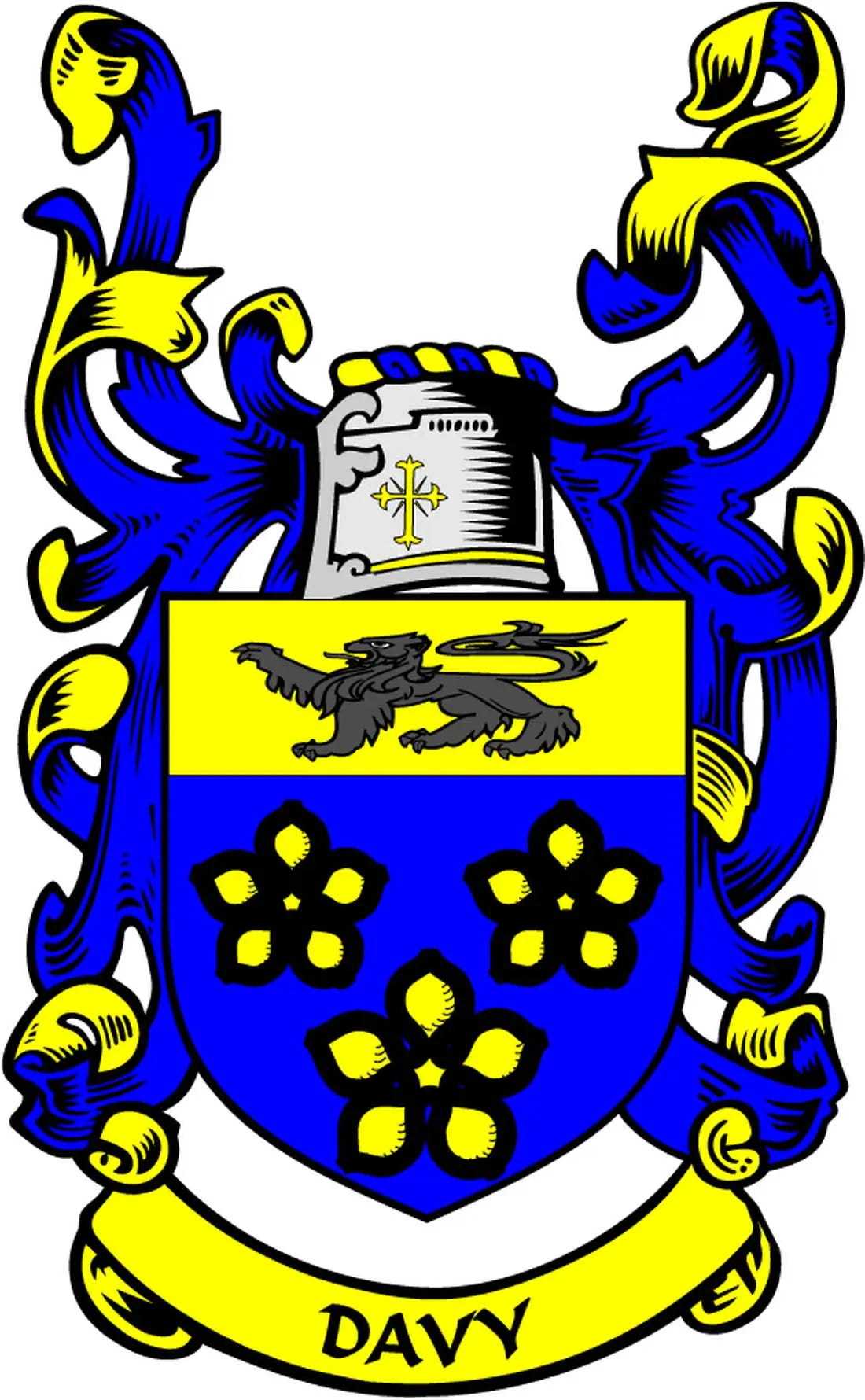 Family crest arms magnet with blue-and-gold shield and Davy banner