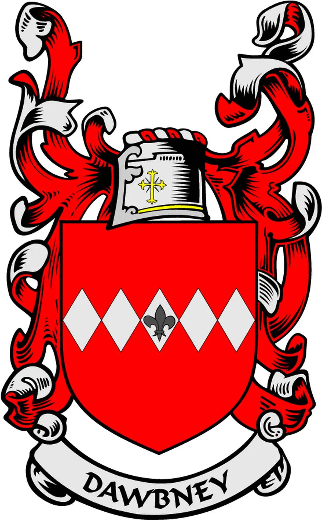 Dawbney coat of arms magnet with red shield, diamond pattern, crest banner, 3-inch