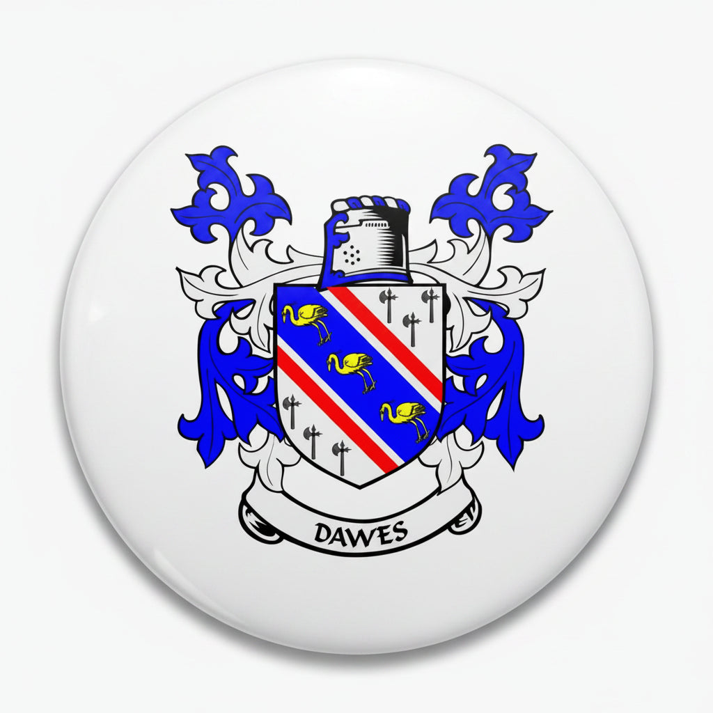 Dawes family crest pinback button with blue, white, and red shield coat of arms