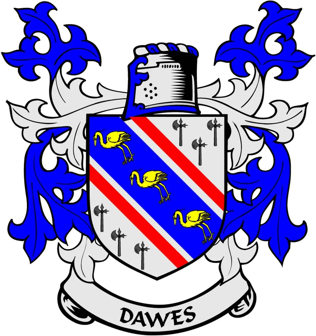 Family crest coat of arms magnet: blue shield with red diagonal stripes, yellow birds, DAWES