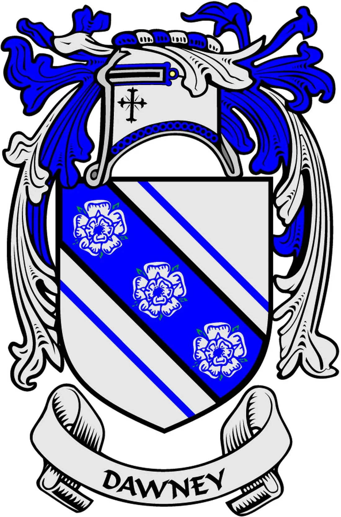 Dawney family crest coat of arms magnet, blue-and-white shield with DAWNEY ribbon