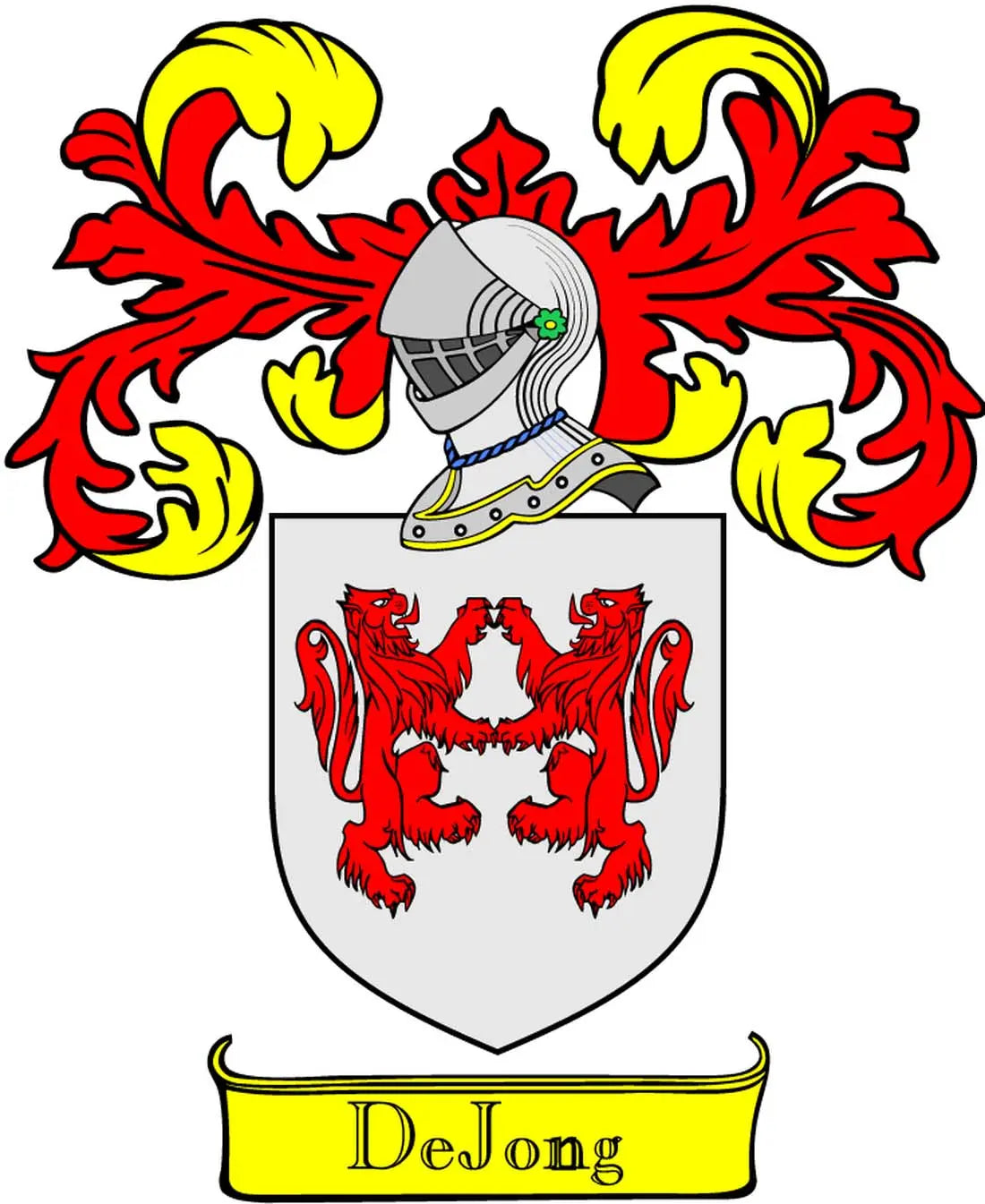 DeJong family crest pinback with red-and-yellow coat of arms shield and banner