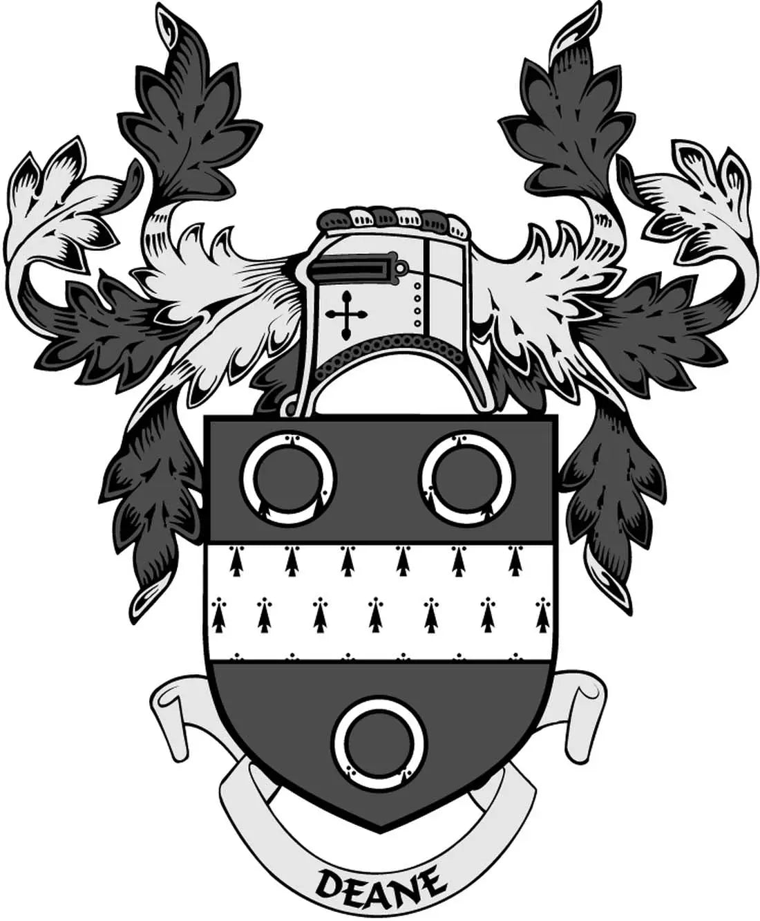 Family crest coat of arms magnet with helmet, shield, and DEANE text, 3-inch