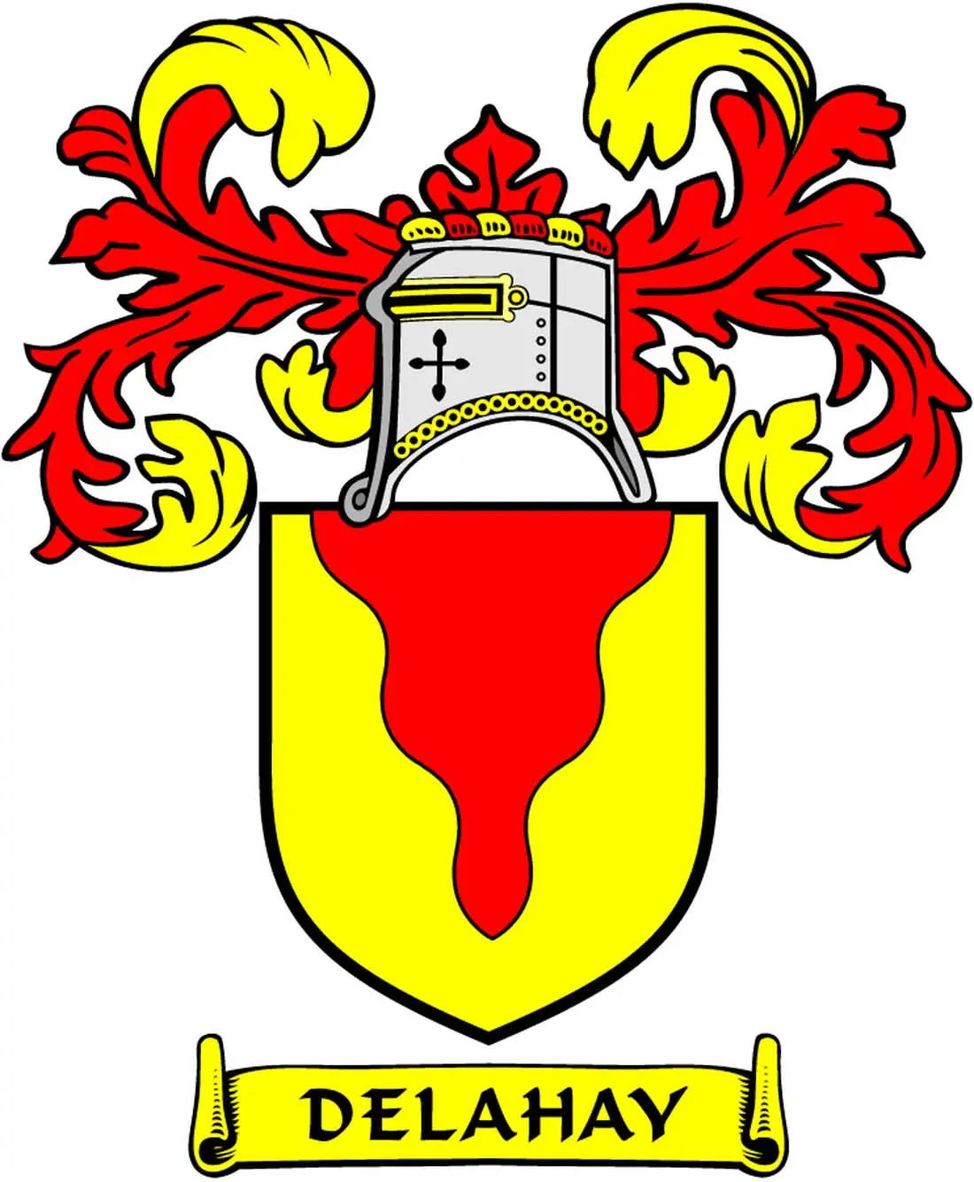 3-inch family crest magnet with red/yellow shield and DELAHAY banner