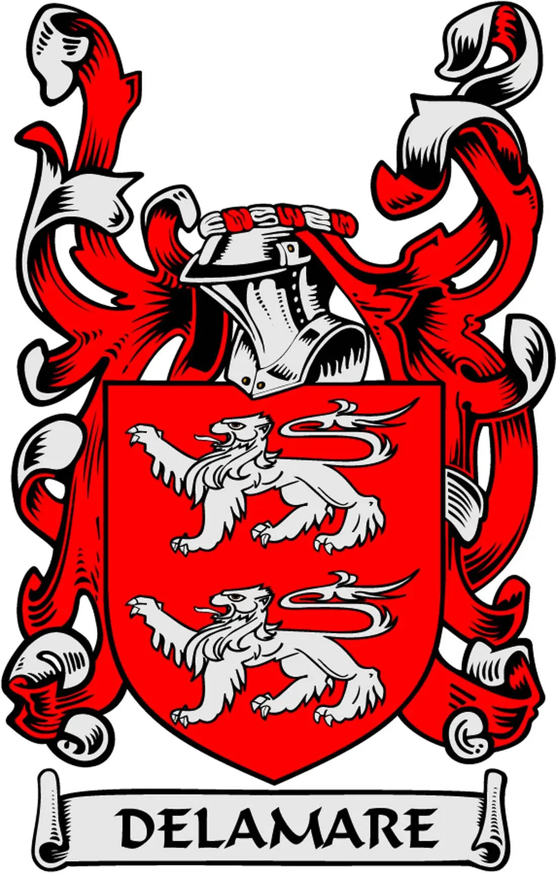 Delamare family crest coat of arms magnet with red shield and white lion design, banner text