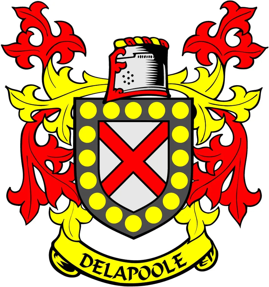Coat of arms family crest magnet with shield, red X, and DELAPOOL ribbon