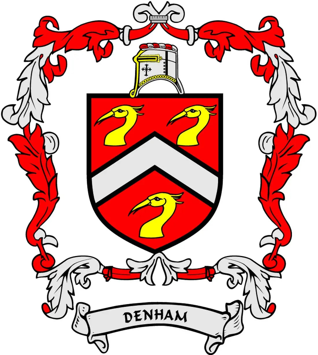 Denham family crest pinback: red-and-white shield with three yellow birds, banner DENHAM