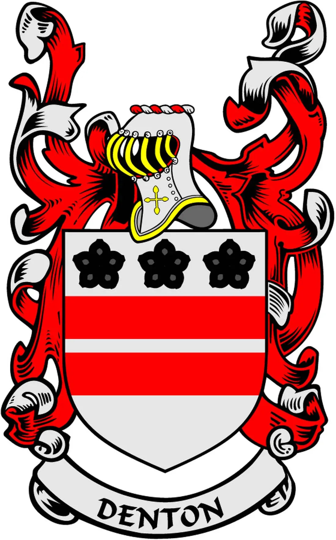 Denton family crest coat of arms arms magnet with red, black, and white shield design