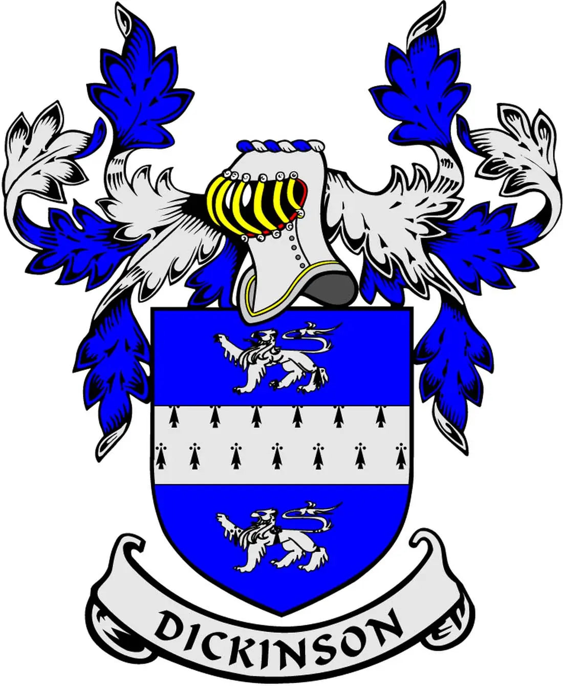 Coat of arms magnet with blue shield, griffins, and Dickinson banner