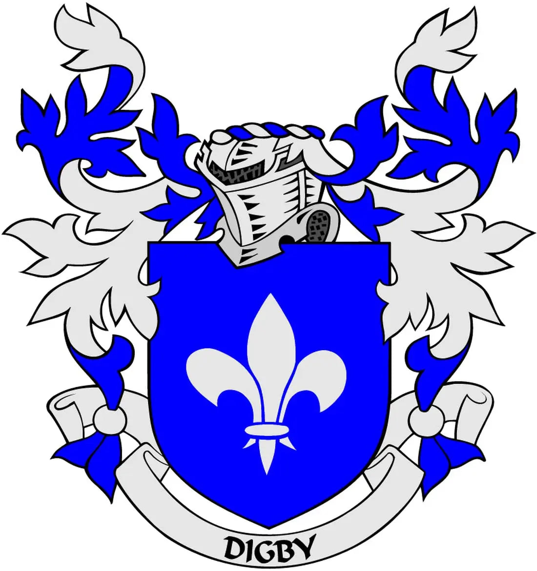 Blue family crest pin with shield, fleur-de-lis, wings, and “DIGBY” ribbon design