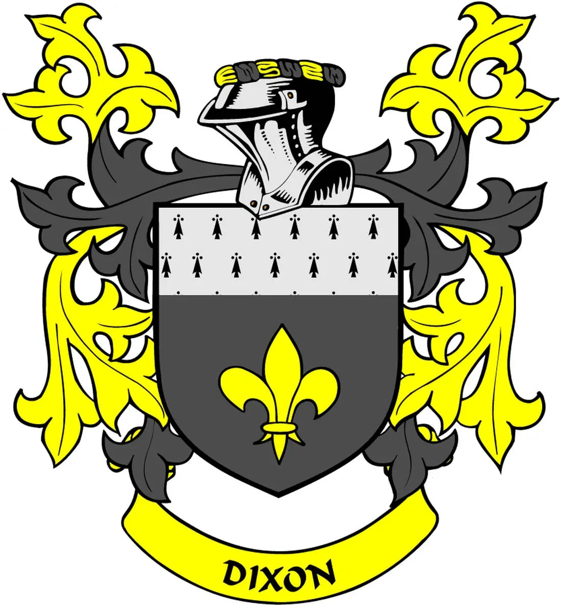 Dixon family crest coat arms magnet, 3-inch shield with black and yellow fleur-de-lis