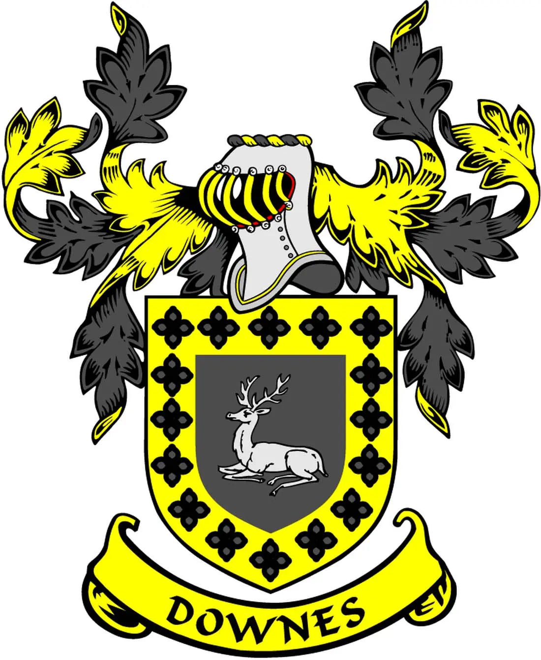Downes family crest coat arms magnet with shield, deer, and black-yellow design
