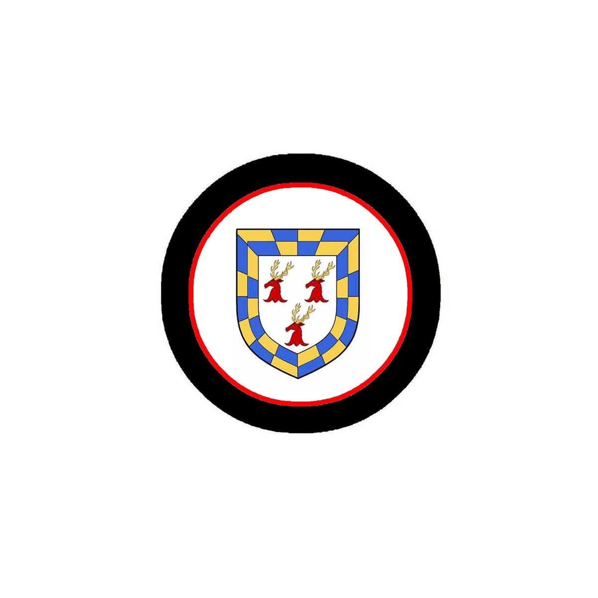 Round family crest arms magnet with blue-and-gold shield, red ring, black border