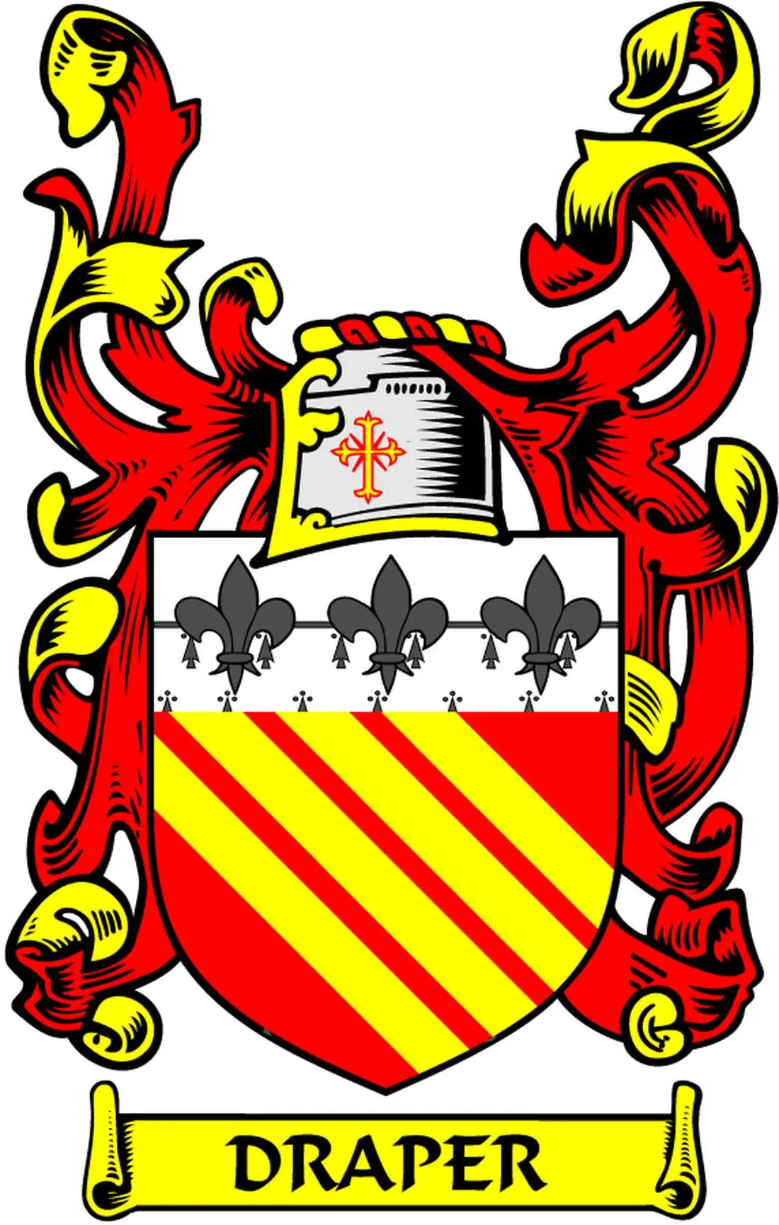 Draper coat of arms pinback badge with red and yellow shield and banner reading DRAPER