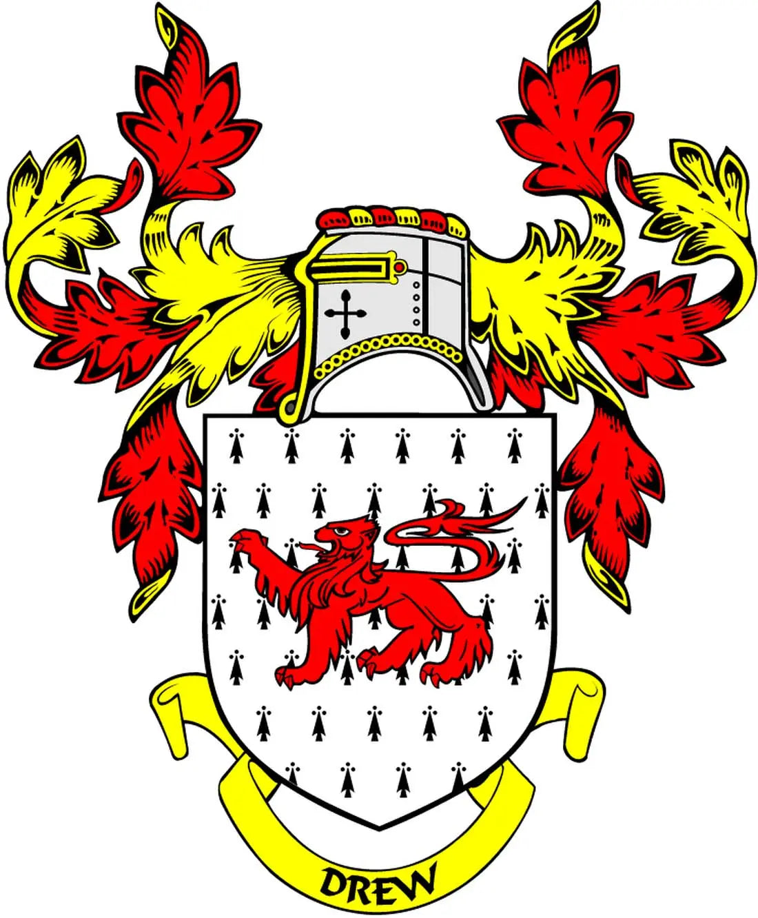 Drew family crest magnet: shield with lion, floral red and yellow arms, and ribbon