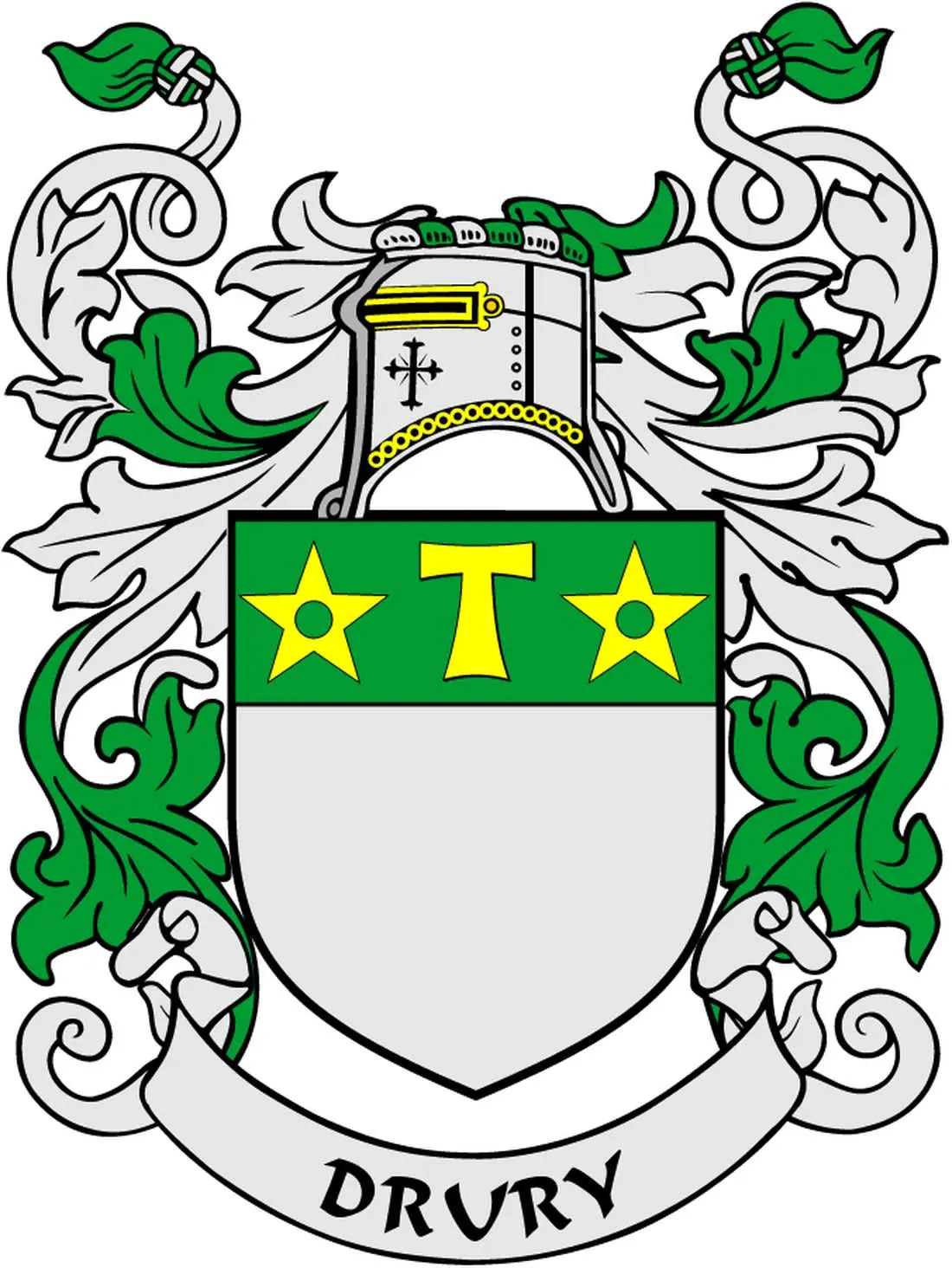 3-inch Drury family coat of arms magnet with green shield, yellow stars, crown, DRURY banner