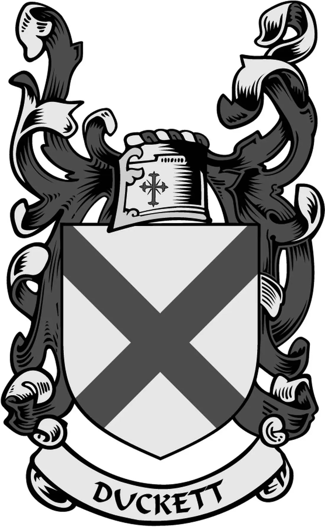 Family crest pinback with shield chevron, ornate wings, and “DUCKETT” ribbon
