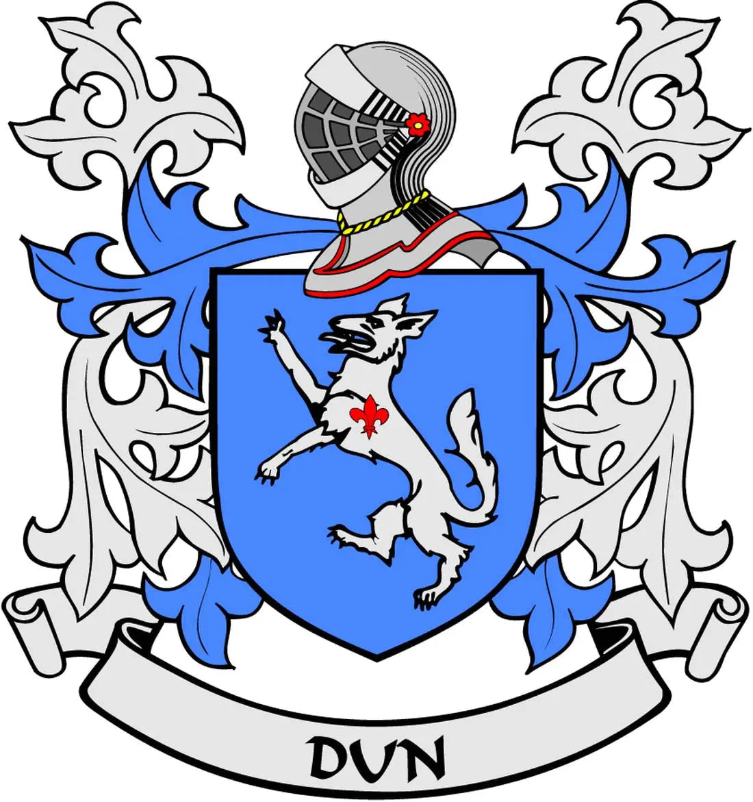 Blue coat-of-arms shield pinback with black lion, red detail, and “DUN” ribbon