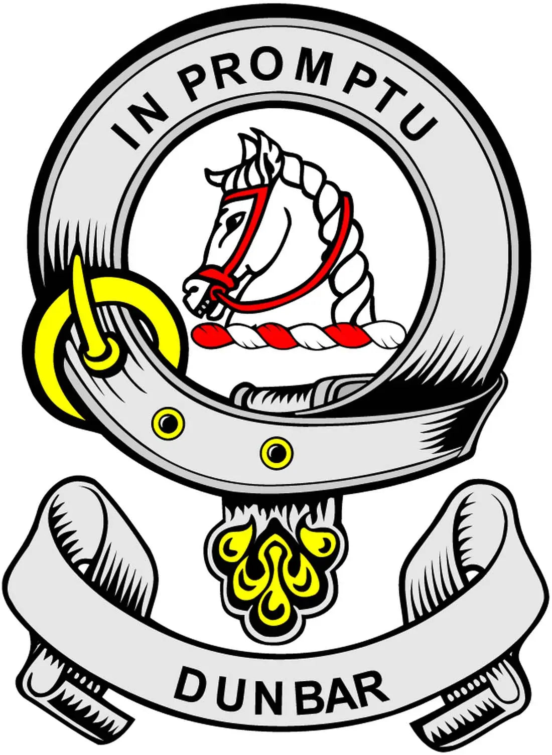 Round Dunbar family crest arms magnet with flaming hand and banner, yellow and black details
