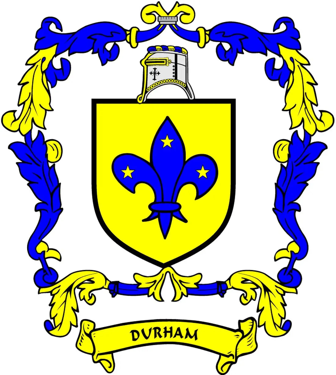 Durham family crest coat arms magnet with yellow and blue shield and banner