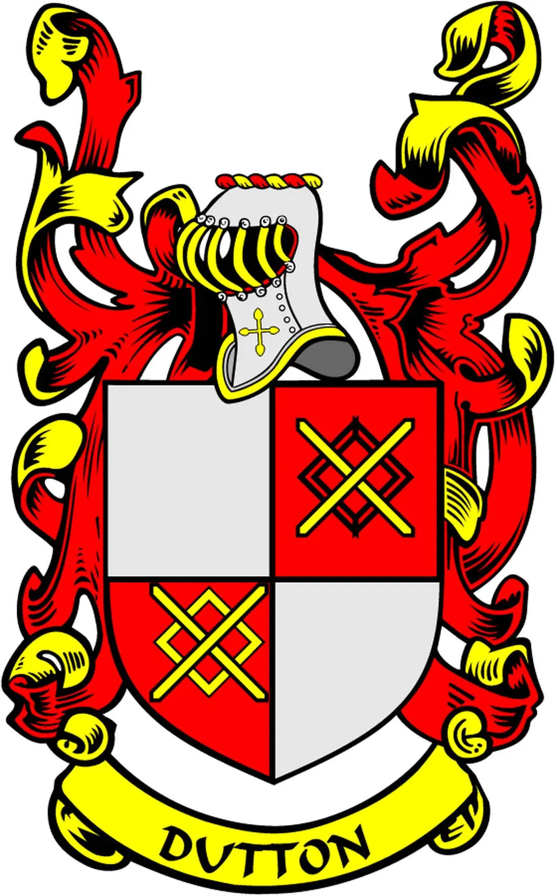 Enamel-style coat of arms pin with red and white shield and DUTTON banner