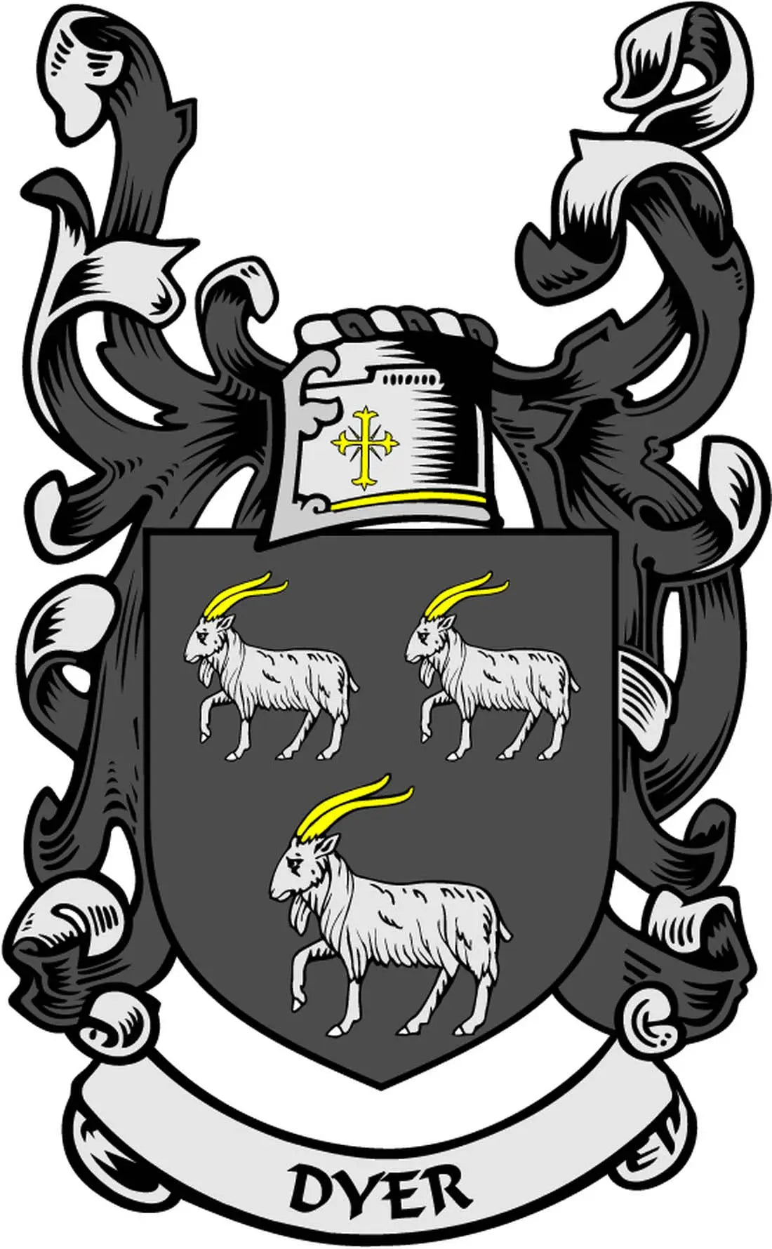 Dyer family crest coat of arms magnet, black shield with sheep and DYER banner
