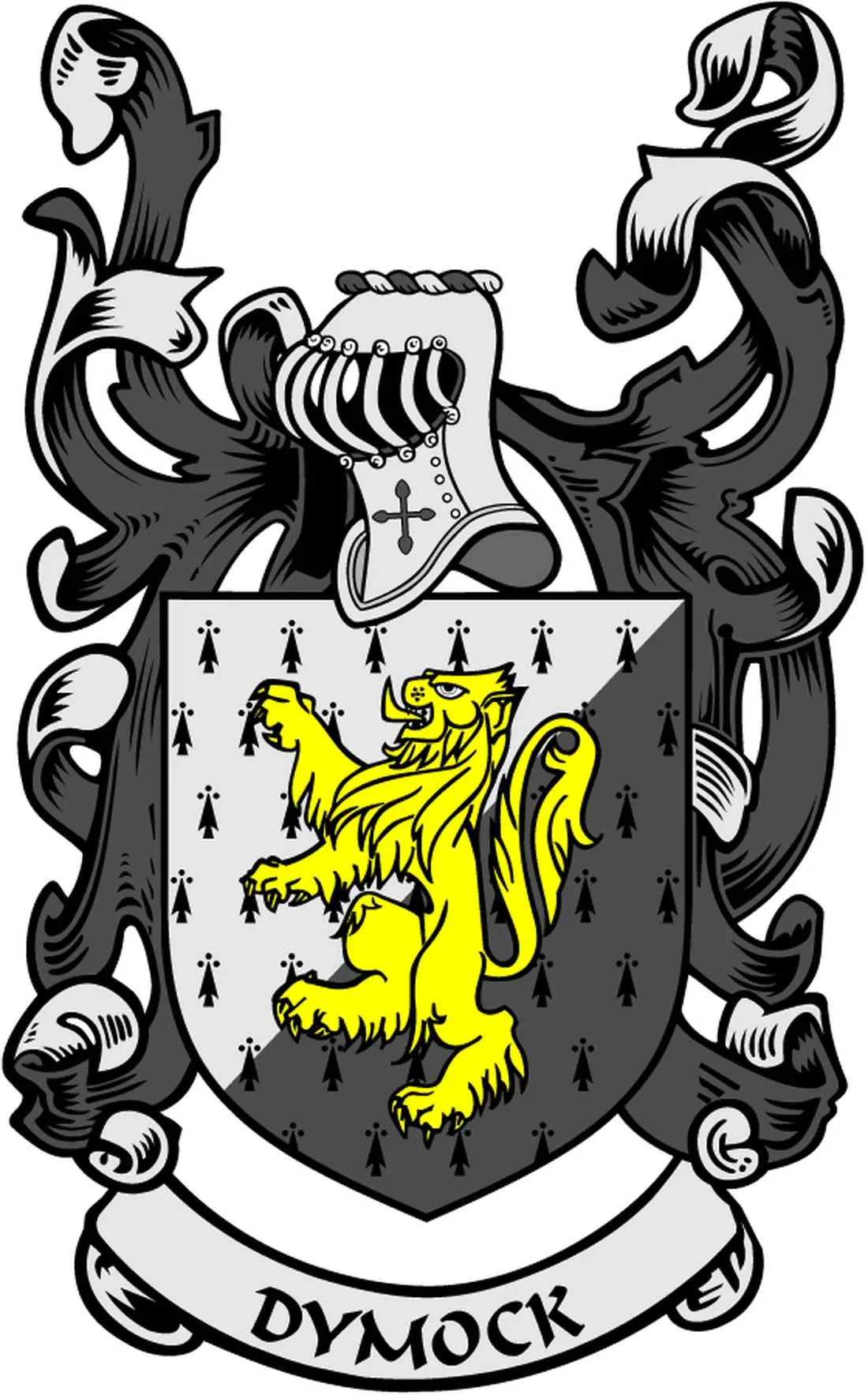 Dymock family crest magnet: yellow lion on dark shield with “Dymock” ribbon