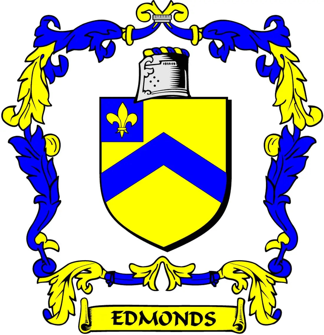 Edmonds family crest coat of arms magnet with shield, fleur-de-lis, and blue-yellow design