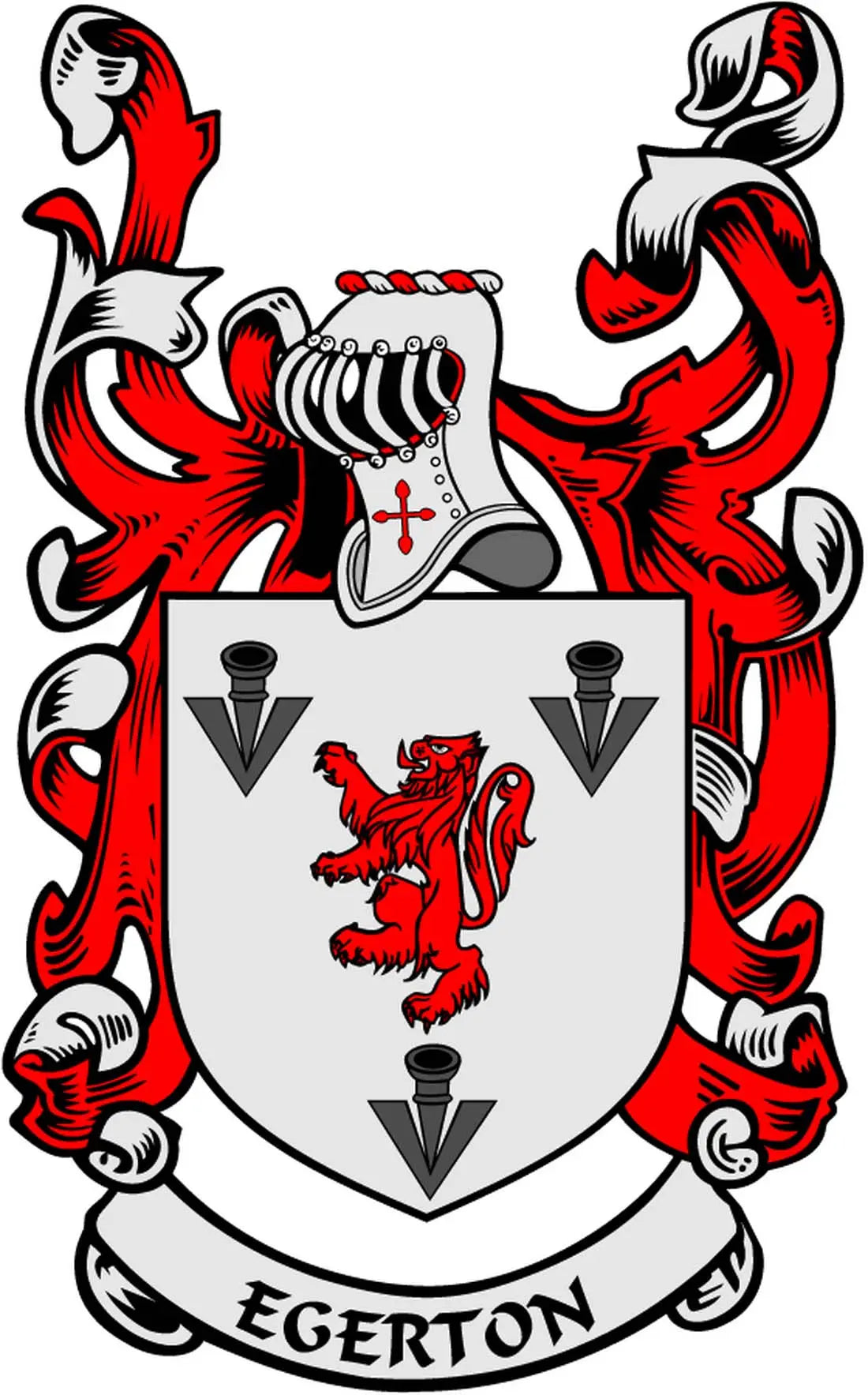 Shield coat of arms pinback with red and black lion, birds, and banner reading EGERTON
