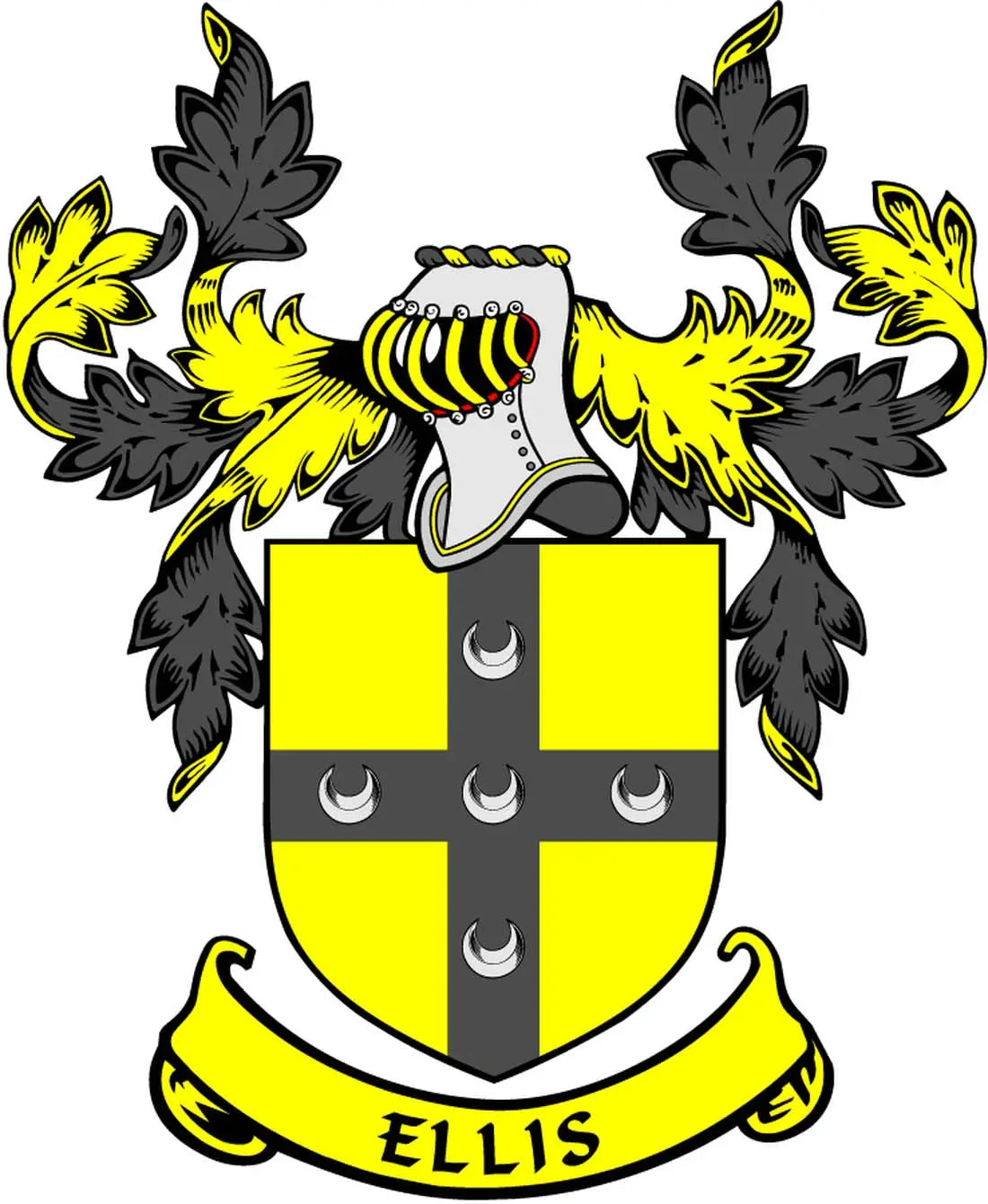 Family crest arms magnet with yellow shield, black cross, gray crescent accents and banner
