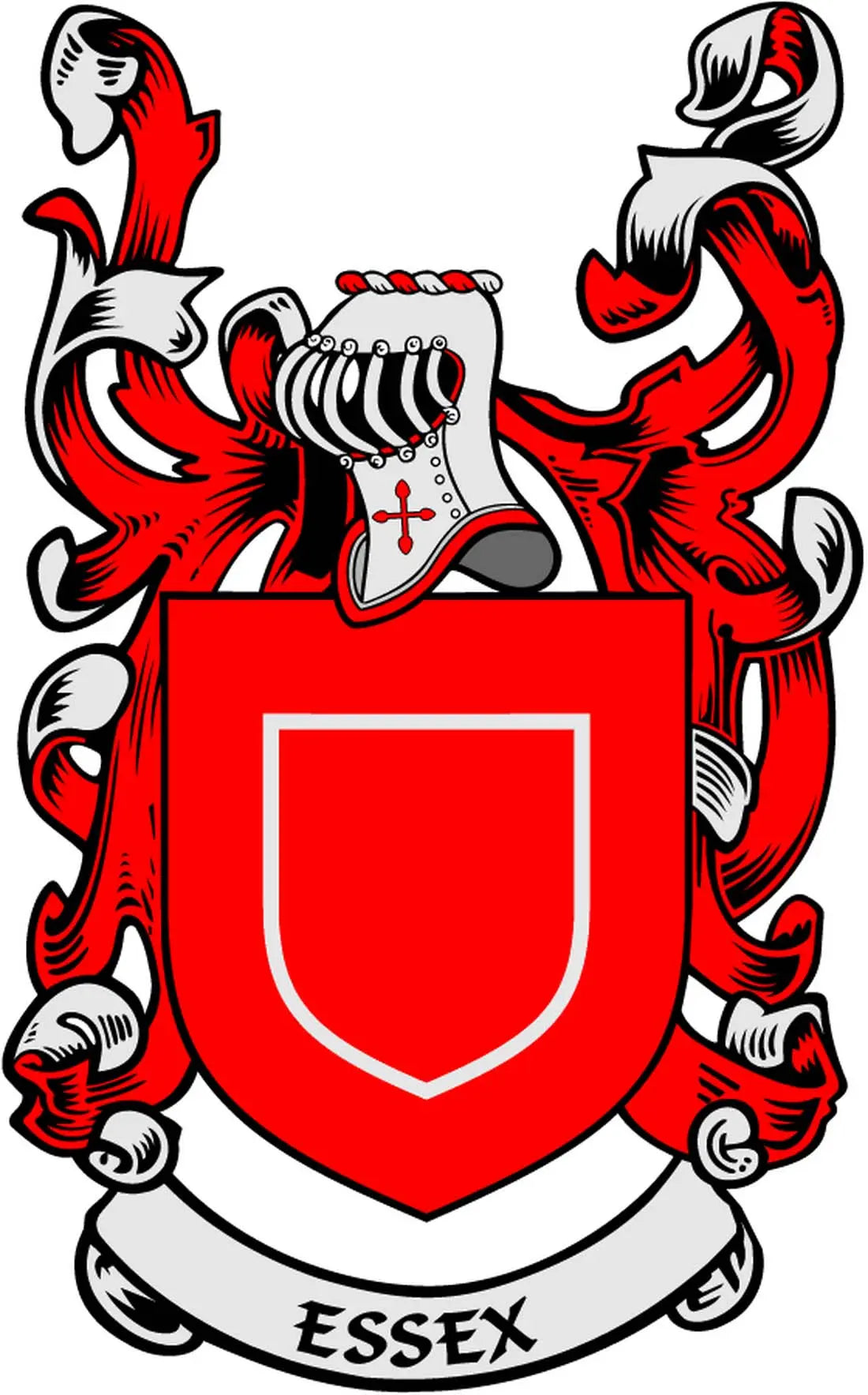 Essex coat of arms magnet: red shield crest with banners and black accents