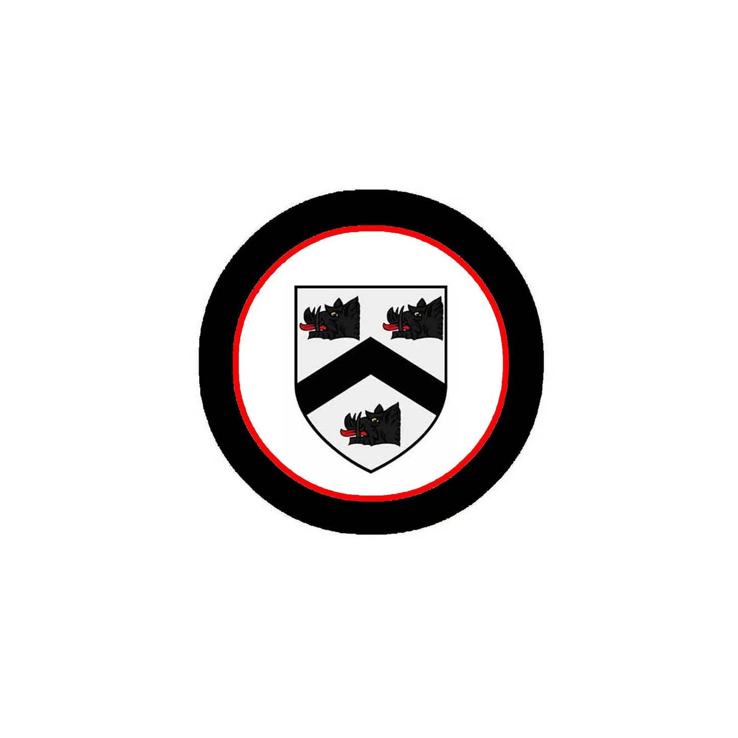 Circular coat of arms family crest magnet with black border, red ring, white shield